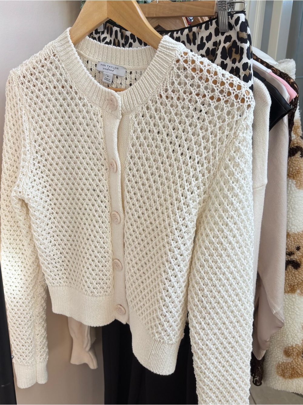 Ann Taylor Cream Openwork Button-Front Cardigan